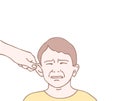 Vector illustration hand pulls the boy`s ear, mom punishes child`s, cartoon design isolated on a white background Royalty Free Stock Photo