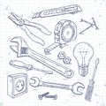 Hand sketch icons set of carpentry tools, pliers, screwdriver, light bulb and the wrench