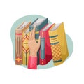 Vector illustration of a hand taking a book from a shelf. Books with covers and spines in a retro style