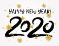 Vector illustration with 2020 hand written lettering with golden Christmas stars isolated on white background.