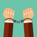 Vector illustration handcuffs on hands of criminal man. Arrested man in handcuffs flat style illustration. A crime, arrest, busin