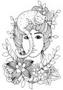 Vector illustration of handmade work, zentangl girl with flowers and Cat. Doodle drawing. Coloring page Anti stress for