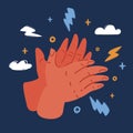 Vector illustration of hands applaud. Clapping ovation over dark backround.