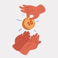 Vector illustration of hands with coin alms giving, charity