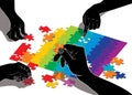 Vector illustration of hands composing puzzle.