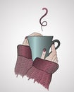 Vector illustration of hands holding a cup of hot tea or coffee isolated. Warming hands by mug of hot drink Royalty Free Stock Photo