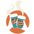 Vector Illustration Hands holding disposable coffee cups. Cardboard cover with text 