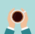 Vector illustration of hands holding hot coffee cup, business person want to drink coffee, coffee break concept, morning