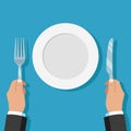 Vector illustration of hands holding knife and fork with empty plate. Royalty Free Stock Photo