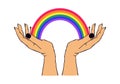 Vector illustration of hands holding LGBTQ+ rainbow. Concept of pride, freedom, equality, rights, lesbian, gay, bisexual,