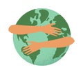 Vector illustration of hands hug planet Earth.  Concept of World Environment Day, Save the Earth, 22 April. Sign, icon Royalty Free Stock Photo