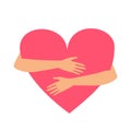 Vector illustration of hands hugging heart isolated on a white background.  Symbol or concept of love, charity, love yourself, Royalty Free Stock Photo