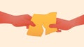 Vector illustration of hands tearing a piece of bread from both sides. People share food among themselves. Concept representing