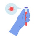 Vector illustration of hands wearing gloves holding coronavirus test tube with blood sample or virus vaccine. Royalty Free Stock Photo