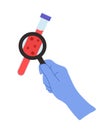 Vector illustration of hands wearing gloves holding coronavirus test tube with blood sample or virus vaccine. Royalty Free Stock Photo