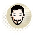 Vector illustration of handsome brunet male face with mustache and beard, positive face features. Royalty Free Stock Photo