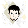 Vector illustration of handsome brunet male face, positive face features.