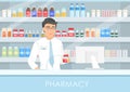 Vector illustration of a handsome male pharmacist at a pharmacy counter. a pharmacist, a shelf of medicine, capsules and