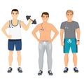 Vector illustration of handsome young guys in fitness outfit in gym. Smiling and happy sport men in gym in flat style.