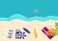 Vector illustration handsome young man and sexy girl in bikini sunbathing on the beach with beach umbrella and surfboard in summer Royalty Free Stock Photo