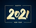 Vector illustration: Handwritten golden brush lettering of 2021 in frame on dark background. Happy New Year Royalty Free Stock Photo