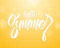 Vector illustration: Handwritten type lettering of Hello Summer on sunny blurred background.