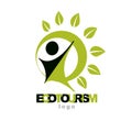 Vector illustration of happy abstract individual with raised hands up. Ecotourism conceptual logo. Green tourism symbol.