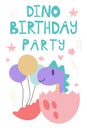 Vector illustration of happy birthday card. Cute kawaii dinosaur and egg whith text lettering dino birthday party. Dino Royalty Free Stock Photo