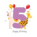 Vector illustration happy birthday card with number five, animals llama and giraffe, balloons, hearts, doodle. Greeting card with