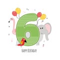 Vector illustration happy birthday card with number six, animal elephant, flamingo birds and parrot, gifts, balloons, holiday hat Royalty Free Stock Photo