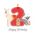 Vector illustration happy birthday card with number two, llama, quokka animal, lemur with gift box in his paw. Greeting card with