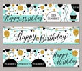 Vector illustration of happy birthday cards. Fashion background with cupcake, balloon, gold sparkles. Golden elements