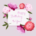Vector illustration of birthday card with colorful peonies flowers on light pastel background