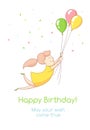 Vector illustration Happy birthday party greeting card invitation funny girl character flying with balloons. Line flat design kid Royalty Free Stock Photo