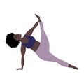 Vector illustration with happy black skin of oversized women in yoga position. Sport and body health positive concept. Love body.