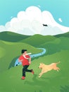 Vector illustration of a happy boy playing outdoors with a dog. A little boy running on the green grass field with a dog