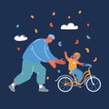 Vector illustration of Happy caring father teaching his small young pretty daughter riding a bicycle over dark backround