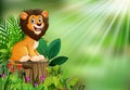 Happy cartoon lion sitting on tree stump with green plants Royalty Free Stock Photo