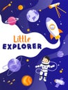 Vector Illustration Of A Happy Child Spaceman. Little Explorer Writing, Space Items And Equipment. Cartoon Style Kid In