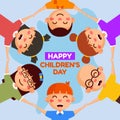 Vector illustration of happy children day. Many children love each other by holding hands. light blue background