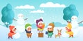 Vector illustration of happy children playing in snow, making snowman and playing with dog. Kids building snowman Royalty Free Stock Photo