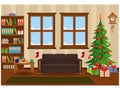 Vector illustration on happy Christmas and new year. Room with a sofa  a bookcase  Windows  a Christmas tree and the gift table Royalty Free Stock Photo