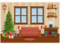 Happy Christmas and new year. Room with a sofa  a bookcase  Windows and Christmas tree . Royalty Free Stock Photo