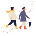 Vector illustration of happy couple in autumn season clothes. Young couple walking and holding each other surrounded by
