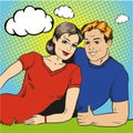 Vector illustration of happy couple in retro pop art style. Royalty Free Stock Photo