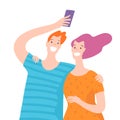 Vector illustration with happy couple takes selfie.