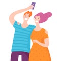 Vector illustration with happy couple takes selfie.