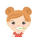 Vector illustration of happy cute girl cleaning her teeth with toothpaste and toothbrush.