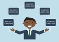 Vector illustration of happy dark skin business man in suite spreading his arms. Infographic template with text