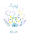 Vector illustration. Happy easter. Greeting card design. Blue text, bunny rabbit, easter eggs and details. EPS 10 Royalty Free Stock Photo